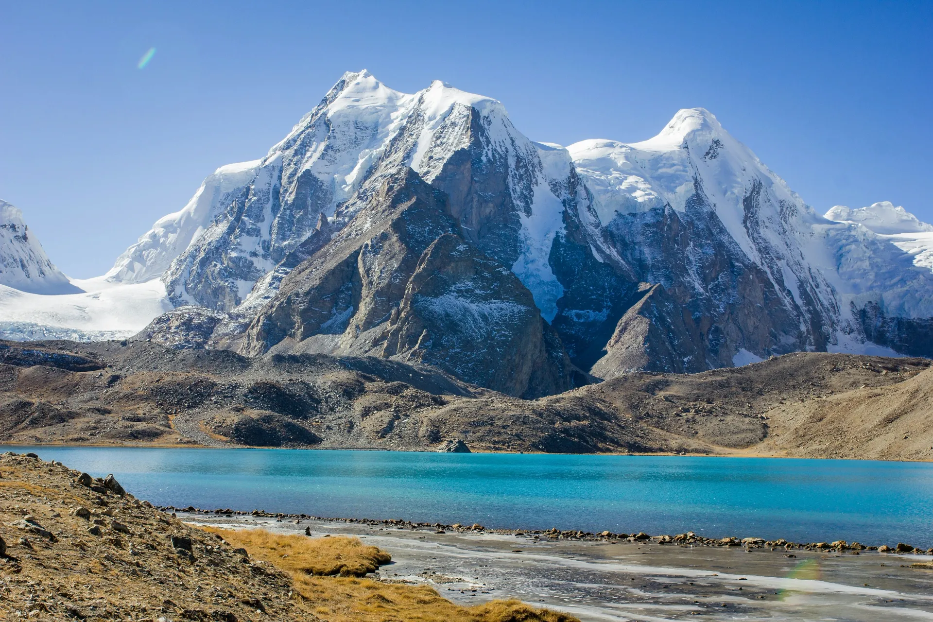 Snow-capped Himalayan peaks above the turquoise water of Gurudongmar Lake, North Sikkim