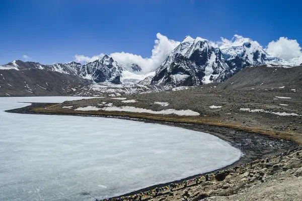 Gurudongmar Lake beneath snow-covered mountains in Sikkim